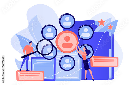 Human resourses managers doing professional staff research with magnifier. Human resources, HR team work and headhunter service concept. Pink coral blue vector isolated illustration