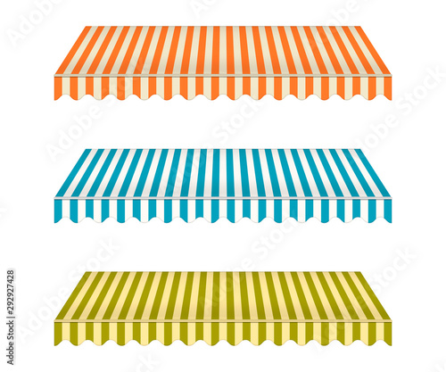 Striped vintage awning set, realistic vector mockup illustration. Outdoor canopy for building exteriors decoration, mock-up. Tent roof for facade design, template