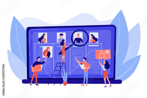 Recruitment agency, employment service. HR manager searching candidate CV. Wanted employees, vacancies are open, join our team, we re hiring concept. Pink coral blue vector isolated illustration