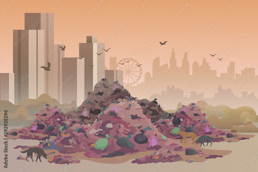 City landfill flat vector illustration. Polluted area, garbage dump