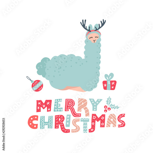 Cute cartoon alpaca with overhead antlers for Christmas holiday. Hand drawn llama character doodle color illustration and Christmas elements with lettering text Merry Christmas for poster or greeting
