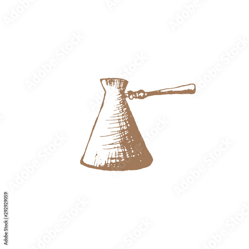 Hand drawn vintage of coffee and cezve vector illustration. A cup of coffee or latte or cappuccino. Pencil drawn in vintage engraving style. Isolated on a white background.