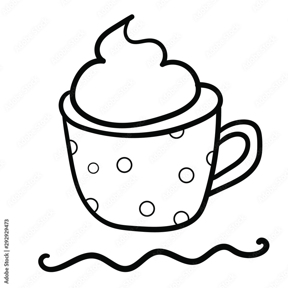 Coffee with foam in a polka dot mug. Coloring page, Coloring book. Contour. Doodle illustration. Symbol of celebration and comfort. New Year's and Christmas. Cozy Home. - Vector. Coffee with foam in a polka dot mug. Coloring page, Coloring book. Contour. Doodle illustration. Symbol of celebration and comfort. New Year's and Christmas. Cozy Home. - Vector.