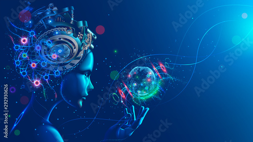 Artificial intelligence in image of cyborg girl with electronic brain. Neural network trained using a virtual hud interface. Machine learning technology concept. Sci-Fi cybernetic robot with AI.