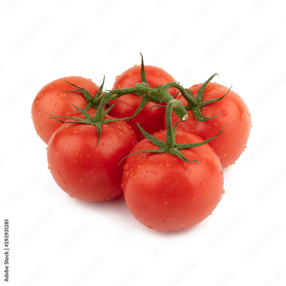 Group red tomatoes whole on a green branch. Isolated on a white background. Group red tomatoes whole on a green branch. Isolated on a white background.