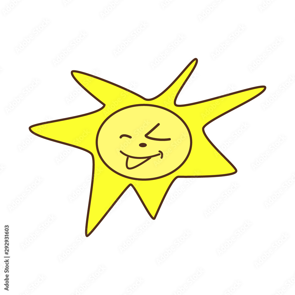 Flat vector yellow cartoon kawaii sun shines iwith bright sunbeams, smiles and winks.