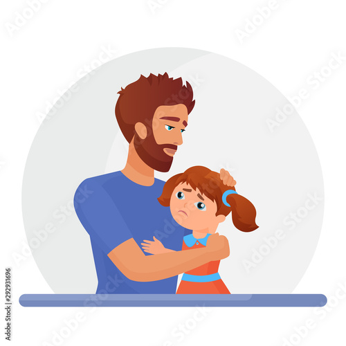 Father supporting sad daughter flat vector illustration. Mental disorder, psychotherapy concept. Dad consolation sad girl cartoon characters. Man comforting upset kid design element