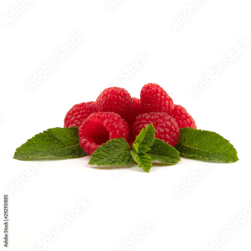 Isolated berries. Three raspberry fruits isolated on white background with green leaves