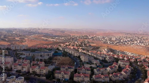 Judean Hills landscape Aerial view Drone footage over Judean Hills landscape With Israel and Palestine Towns photo