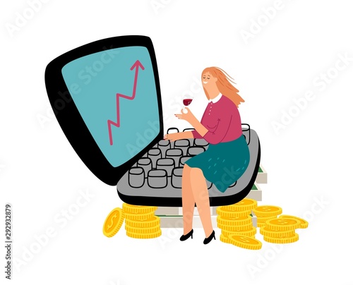 Successful female investor. Investment concept. Happy businesswoman vector. Flat girl with wine, laptop and money, coins