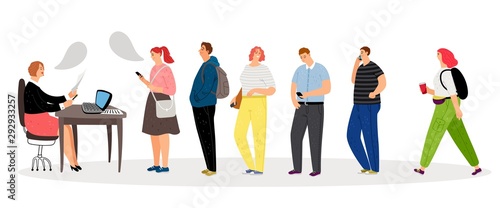 Student consultation. Student assistance, paperwork. Long queue from youth to consultant. Vector girls and boys characters