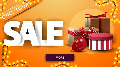 Orange discount banner with garland, gifts and button