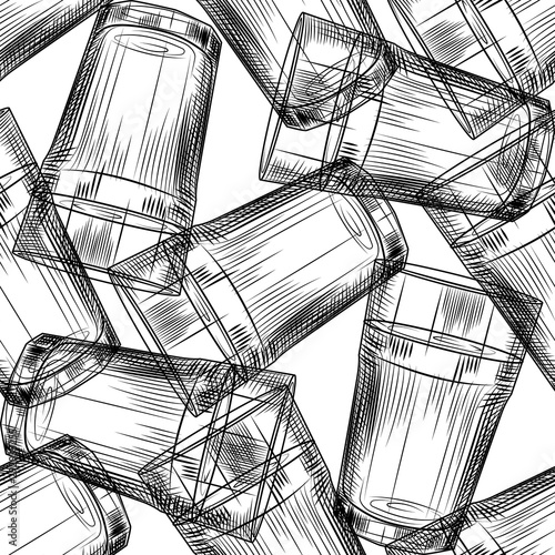 Hand drawn highball glass seamless pattern on white background.