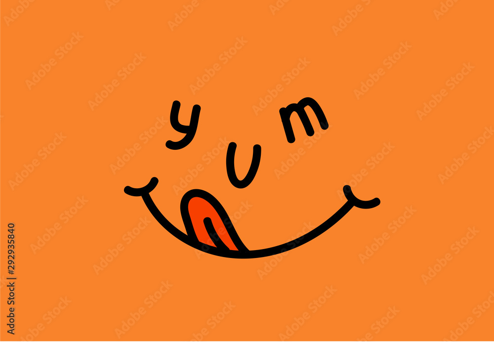 Yam type. Yummy smile emoji with tongue licking sweet mouth. Printable graphic tee. Doodle face