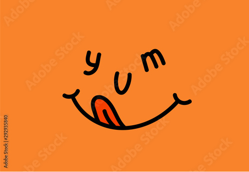 Yam type. Yummy smile emoji with tongue licking sweet mouth. Printable graphic tee. Doodle face line vector illustration. Cartoon style.