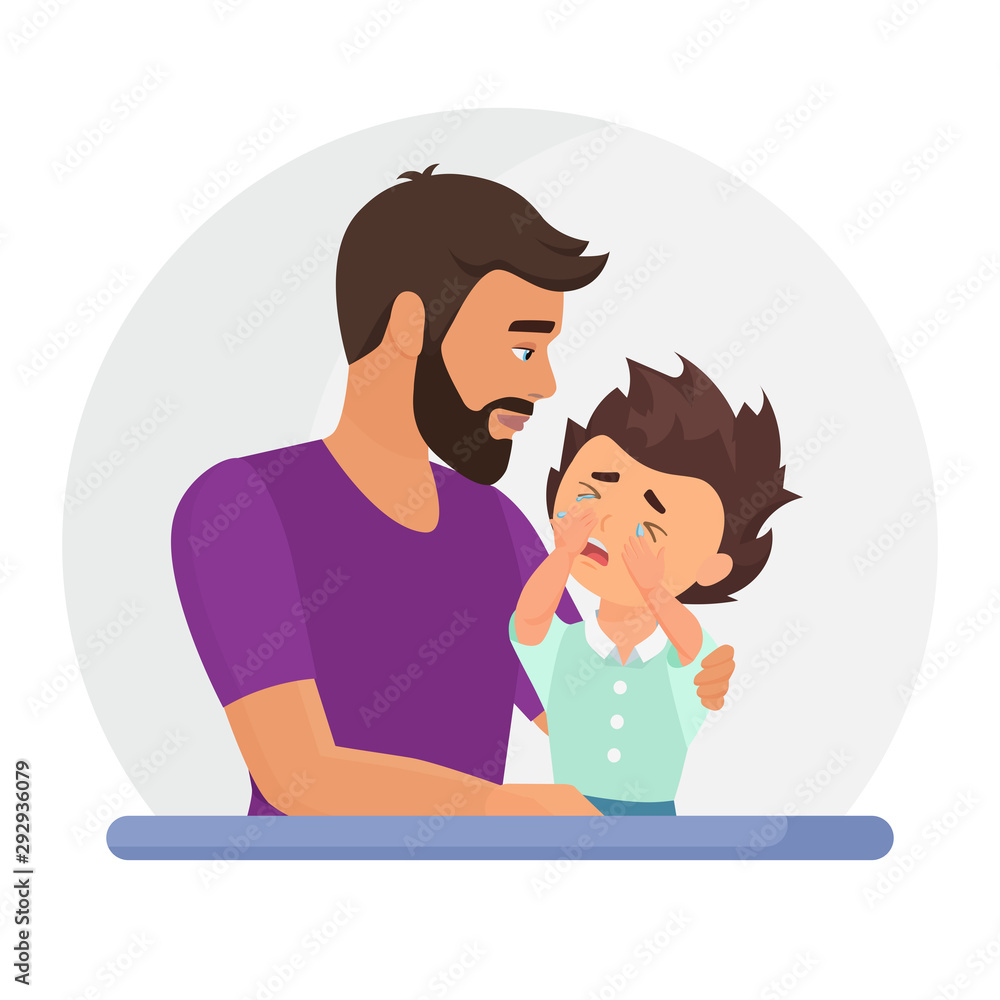 Father supporting sad son flat vector illustration. Mental disorder,  psychotherapy concept. Dad consolation sad boy cartoon characters. Man  comforting upset kid design element Stock Vector | Adobe Stock
