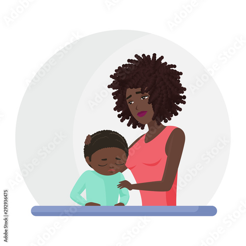 African american black mother supporting crying little son flat vector illustration. Mental disorder, psychotherapy concept. Mom consolation sad boy cartoon characters. Woman comforting upset kid