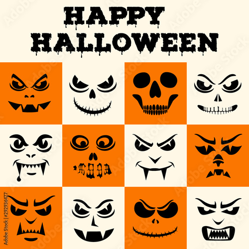 Happy Halloween greeting card. Funny monsters face. Vampires, skeletons, demons stencils. Holiday cartoon characters