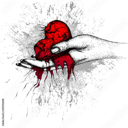 A scorched, crumbling heart in a woman's hand. Vector hand drawn illustration. Color illustration design for print, poster.