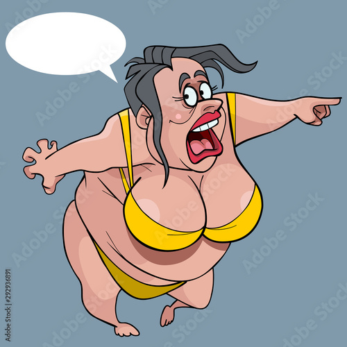 cartoon fat woman in a swimsuit screams and points a finger