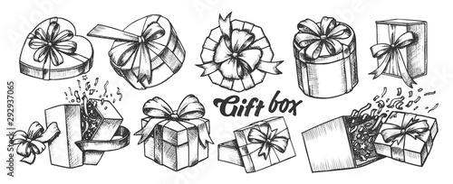 Gift Box With Ribbon Collection Vintage Set Vector. Different Form And Material Present Box. Ornament Festive Package Engraving Template Hand Drawn In Retro Style Monochrome Illustrations