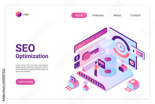 SEO isometric landing page vector template. Search engine marketing webpage layout. Website traffic increasing service 3d concept. Search results optimization and customization web page interface