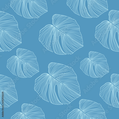 Monstera leaves backdrop. Tropical pattern, botanical leaf seamless pattern on blue background.