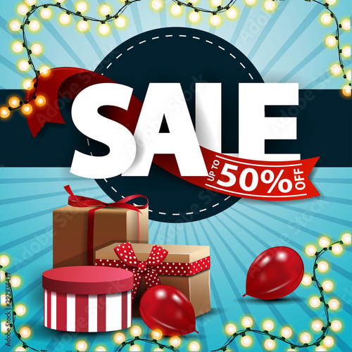 Discount blue square banner with gifts and large letters