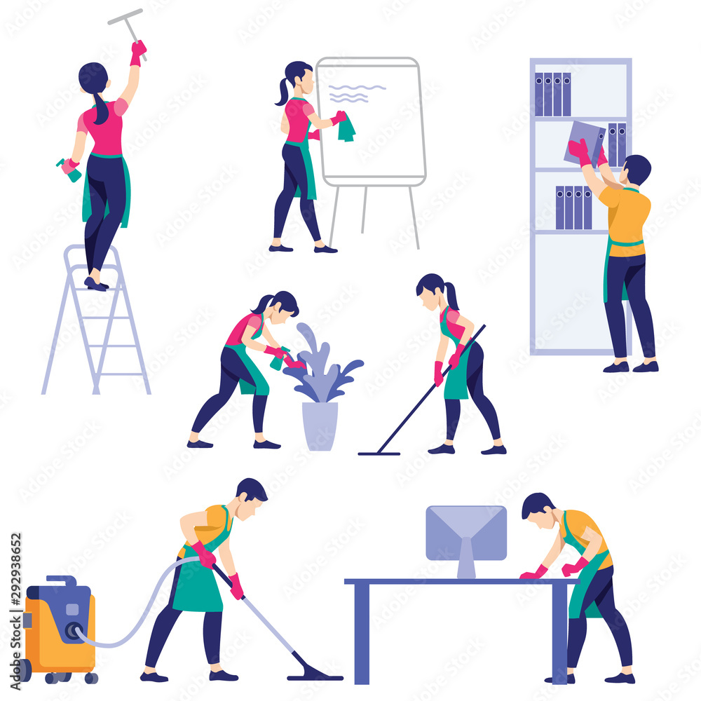 Set of cleaning company staff different poses. A man with a vacuum cleaner. Woman with buckets and mops. Vector illustration in a flat style