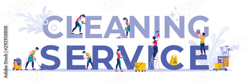 Concept set of cleaning company staff different poses, for web page, banner, presentation, social media, documents, cards, posters. Vector illustration