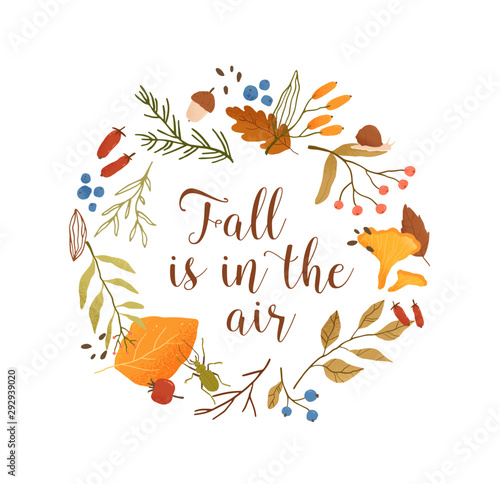 Autumn season botanical circle frame flat vector template