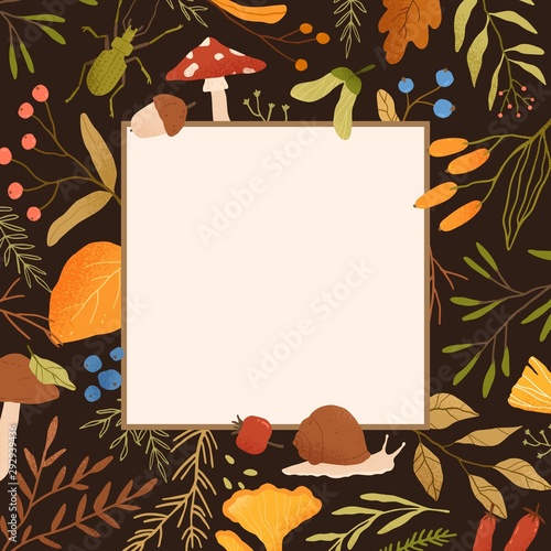 Autumn frame flat vector illustration. Border with realistic dried leaves, be...