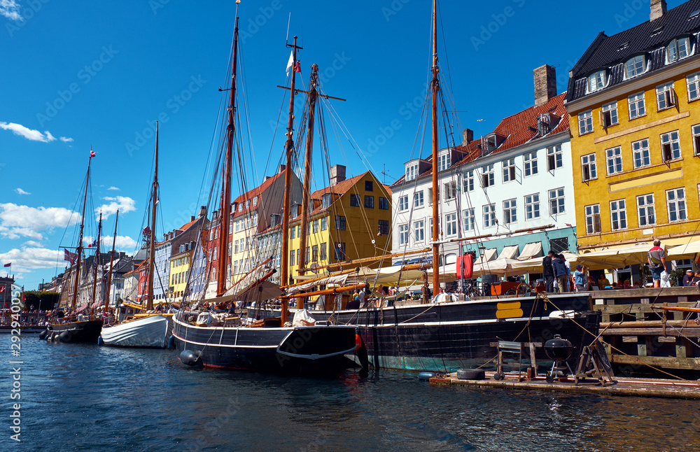 Beautiful old ships on the Nyhavn canal. Copenhagen.