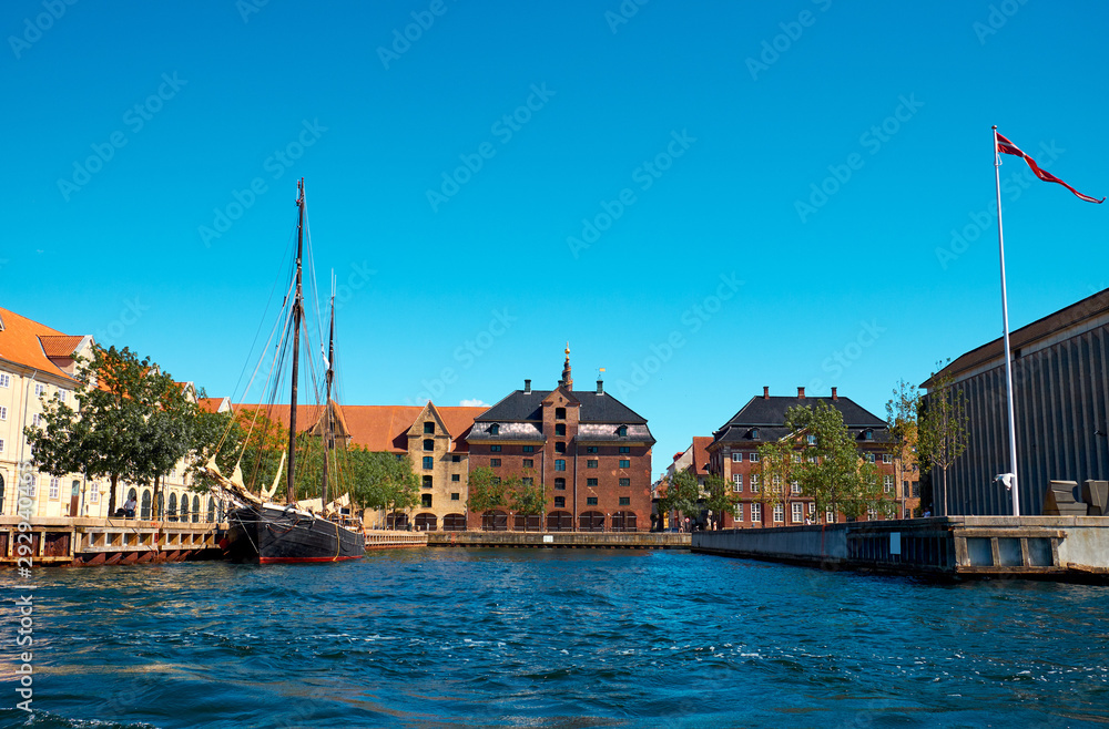 Embankment with old buildings near the canal in Copenhagen