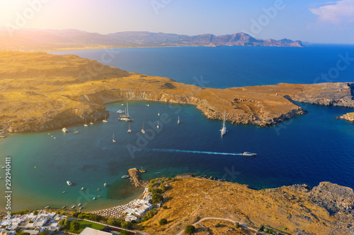 Overlooking from Acropolis in Lindos at blue Aegean Sea