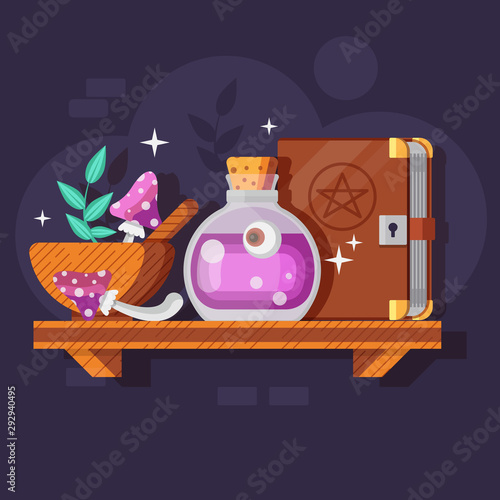 Magic Potion Bottle with Ingredients and Spellbook
