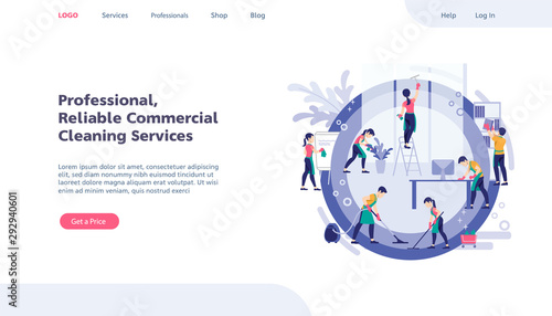Web page design template. Cleaning service modern flat vector illustration concepts for website. Team of cleaning service working at office.