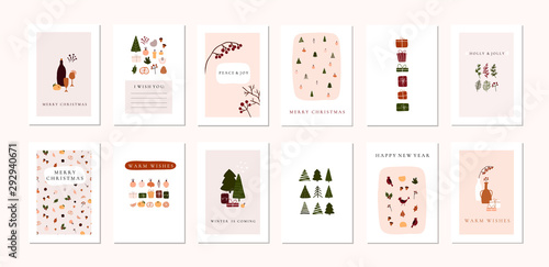 Set of christmas new year winter holiday greeting cards with xmas decoration