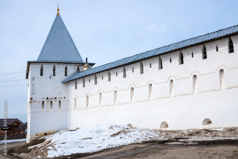 Towers, walls and fence of the Nikitsky monastery. Pereslavl Zalessky. Golden ring of Russia. Yaroslavl region.