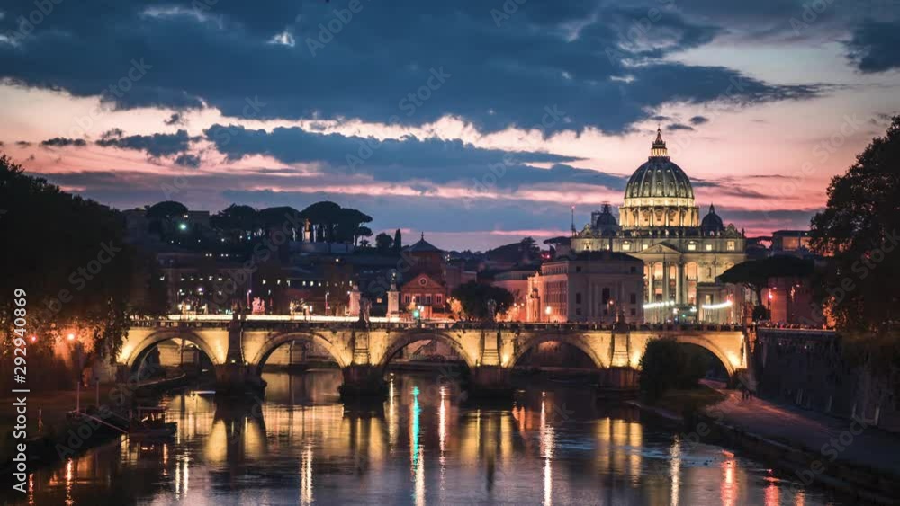 hyper lapse of St. Peter's Basilica, Sant Angelo Bridge, Vatican, Rome, Italy