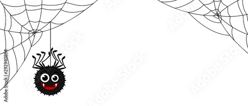 Spider hanging on web on a white, place for text.