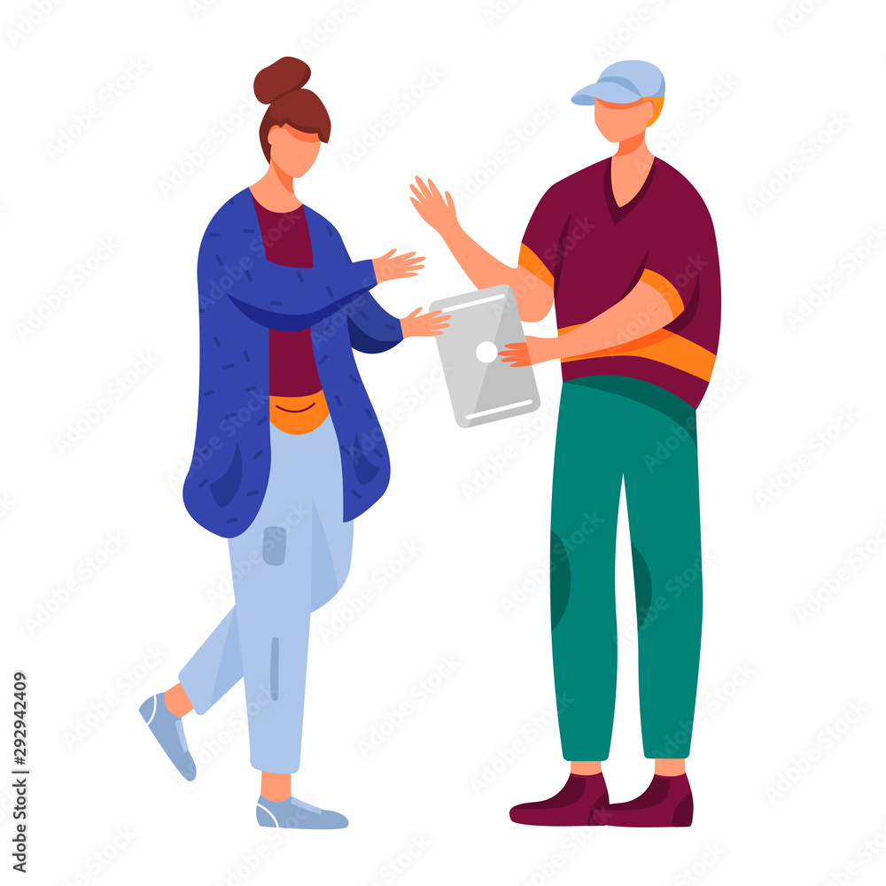 Young man and woman flat vector illustration. Millennials. Two full body teen friends watching gadget screen. Boy gives tablet to girl isolated cartoon character on white background Young man and woman flat vector illustration. Millennials. Two full body teen friends watching gadget screen. Boy gives tablet to girl isolated cartoon character on white background