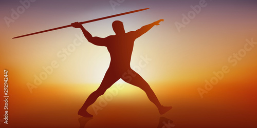 Concept de la performance du sportif avec le geste d’un athlète qui lance son javelot pour battre un racord.