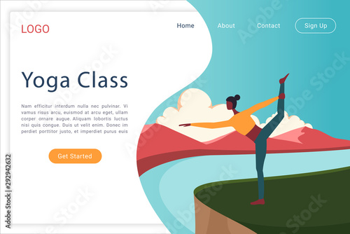 Yoga class landing page vector template. Aerobics, pilates courses website homepage interface layout with flat vector illustrations. Healthy lifestyle, active recreation web banner cartoon concept