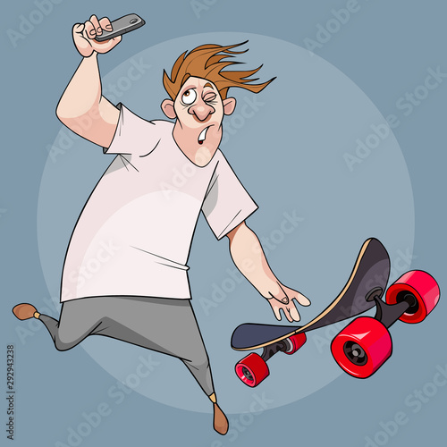 cartoon guy jumps off a skateboard and takes a selfie