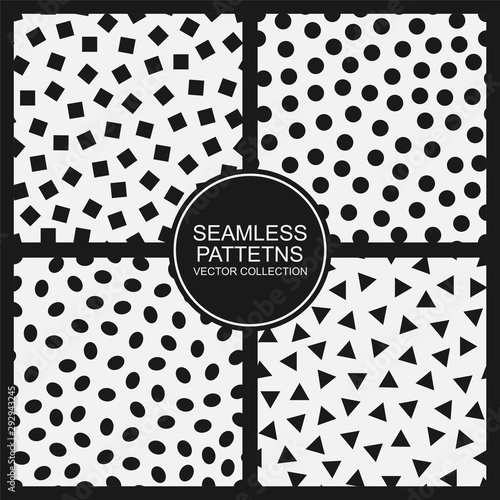 Set of vector seamless simple patterns. Modern stylish textures with randomly disposed shapes. Repeating abstract minimalistic backgrounds. Trendy hipster prints