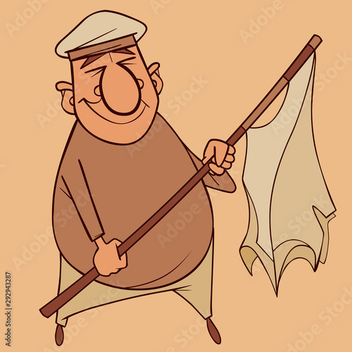 cartoon man in beret with torn flag in hand