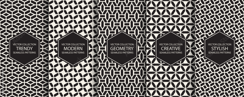 Collection of geometric simple seamless patterns - creative symmetric textures. Vector repeatable minimalistic backgrounds - obrazy, fototapety, plakaty 