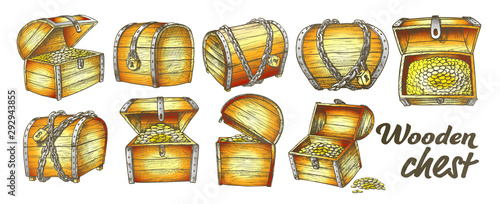 Treasure Chest Collection Color Set Vector. Opened, Closed, Protected Padlock And Chain Pirate Armored Wooden Chest. Engraving Template Designed In Vintage Style Illustrations