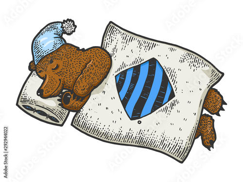 Cartoon funny sleeping bear sketch engraving vector illustration. Tee shirt apparel print design. Scratch board style imitation. Black and white hand drawn image.